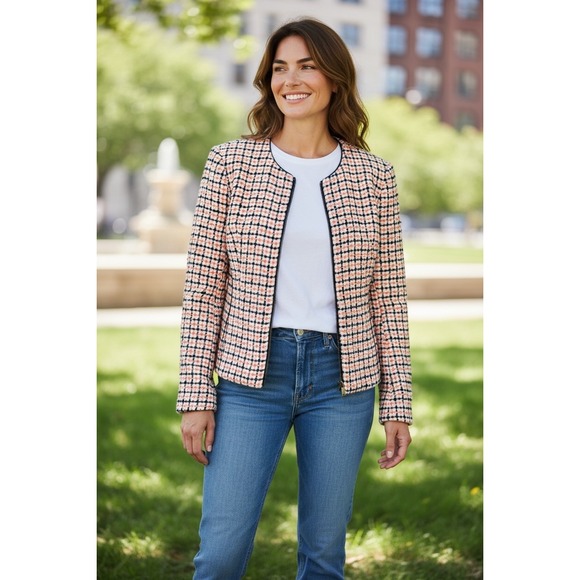 Doncaster Tweed Jacket Women Orange Black Silk Zip Front Plaid Blazer Size 16 - Picture 1 of 8